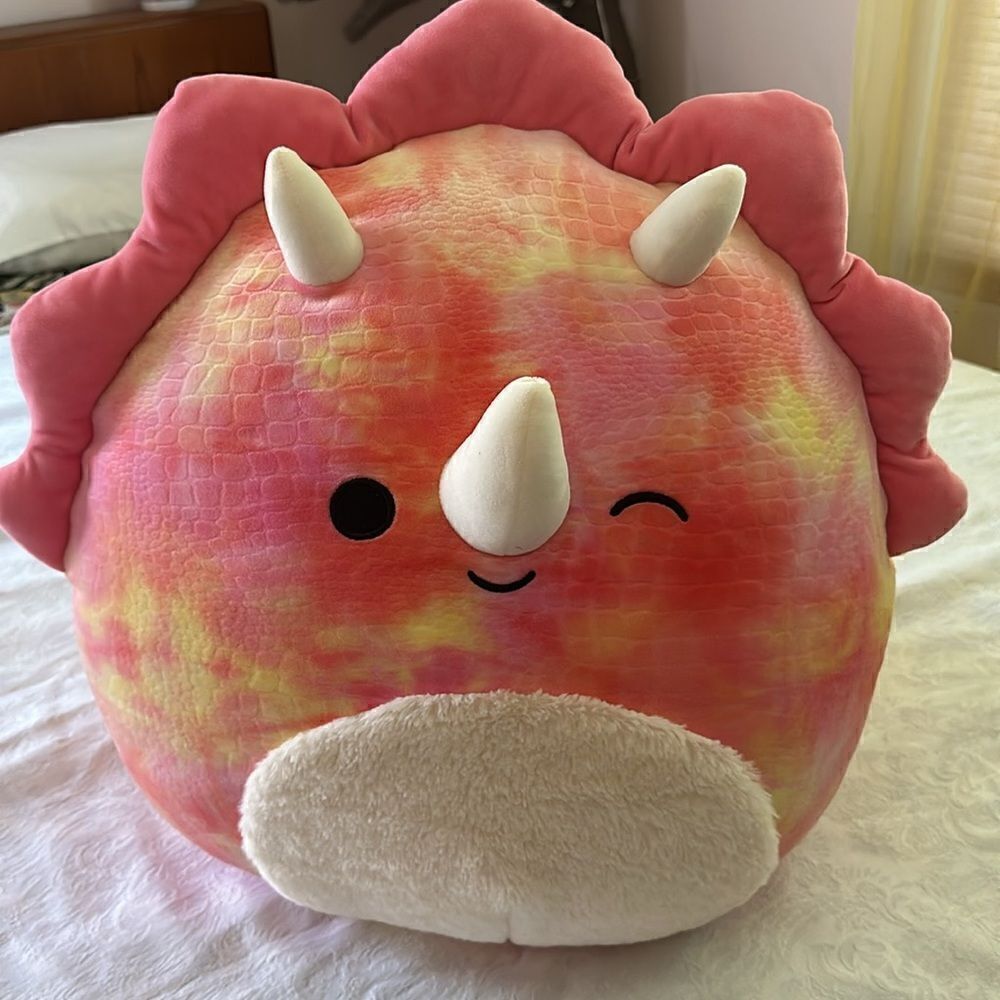 Squishmallow Jumbo Tie Dye Dinosaur Rhinoceros Rino Pink Yellow